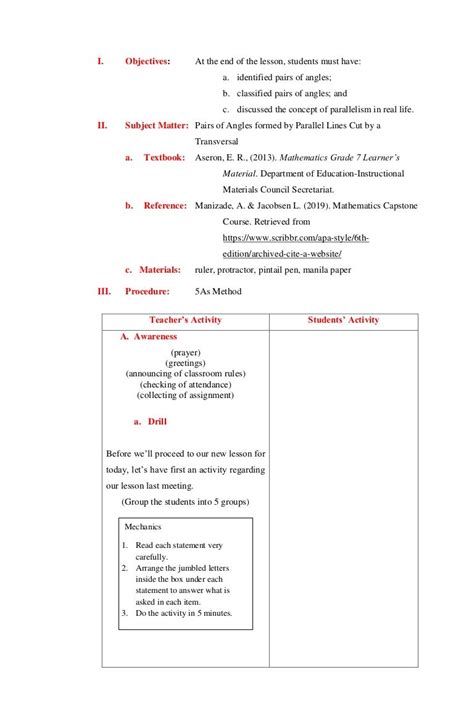 5as lesson plan|5As Lesson Plan on Pairs of Angles Formed by .
